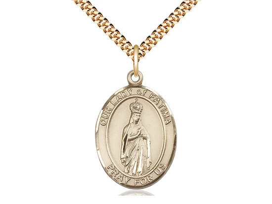 Our Lady of Fatima Gold Filled Pendant on a 24 inch Gold Plate Heavy Curb Chain.