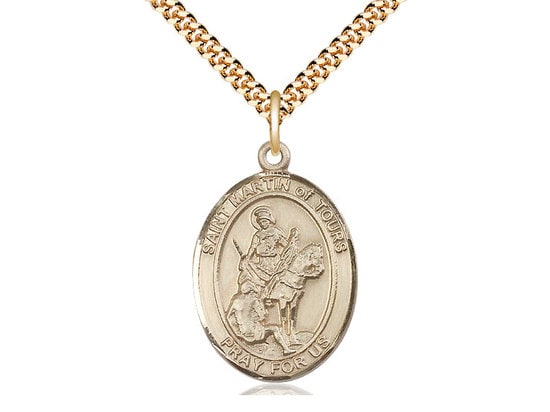 St Martin of Tours Gold Filled Pendant on a 24 inch Gold Plate Heavy Curb Chain.