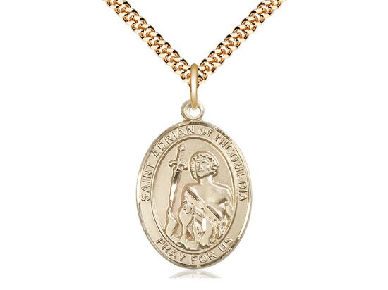 St Adrian of Nicomedia Gold Filled Pendant on a 24 inch Gold Plate Heavy Curb Chain.