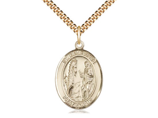 St Genevieve Gold Filled Pendant on a 24 inch Gold Plate Heavy Curb Chain.