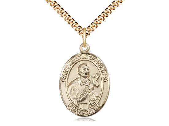 St Martin de Porres Gold Filled Pendant on a 24 inch Gold Plate Heavy Curb Chain.