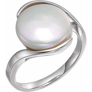 Cultured White Freshwater Pearl Coin Ring Sterling Silver