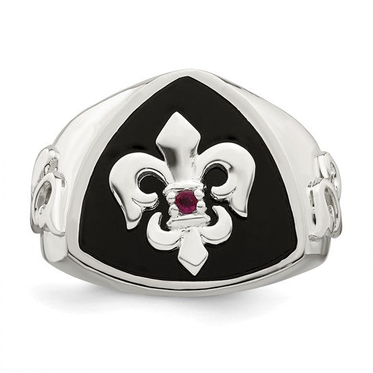 Agate and Ruby Sterling Silver Fleur de Lis Ring