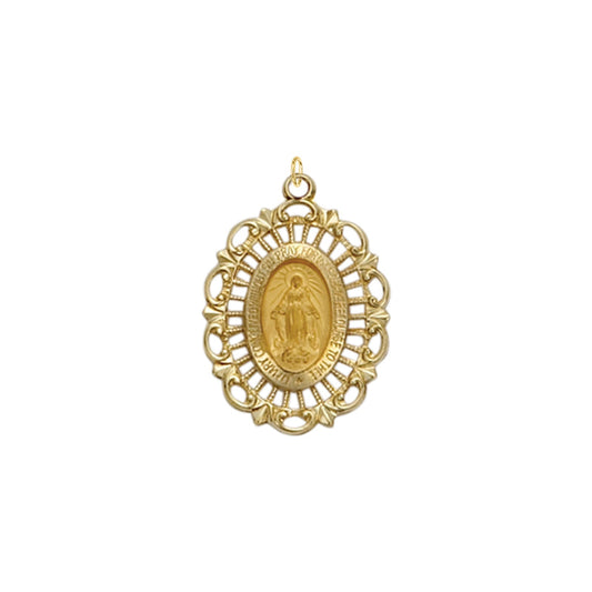Gold Oval with Polished Border Filigree Miraculous Medal