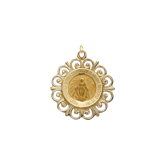 Gold Round Polished Border Curled Filigree Miraculous Medal