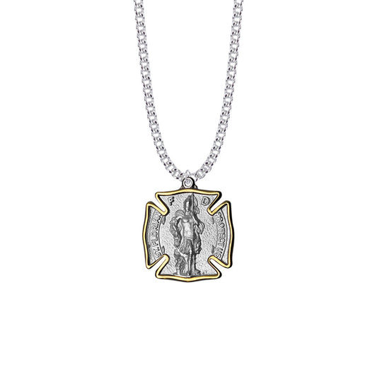 1-1/8 Two-Tone Sterling Silver St. Florian Shield Medal, Patron Saint of Firefighters