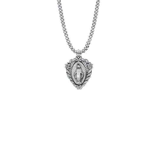 Sterling Silver Heart and Flowers Miraculous Medal