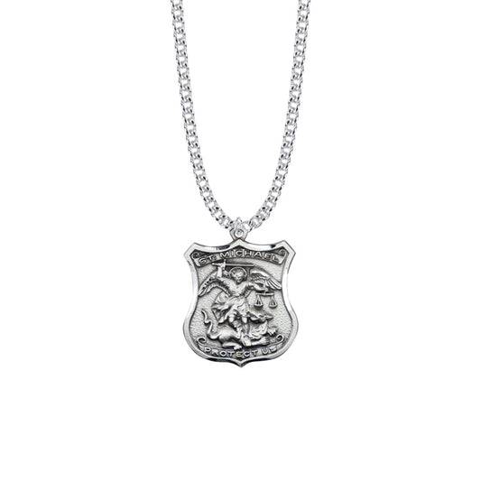 1-1/8 Sterling Silver St. Michael Shield Medal, Patron Saint of Police Officers