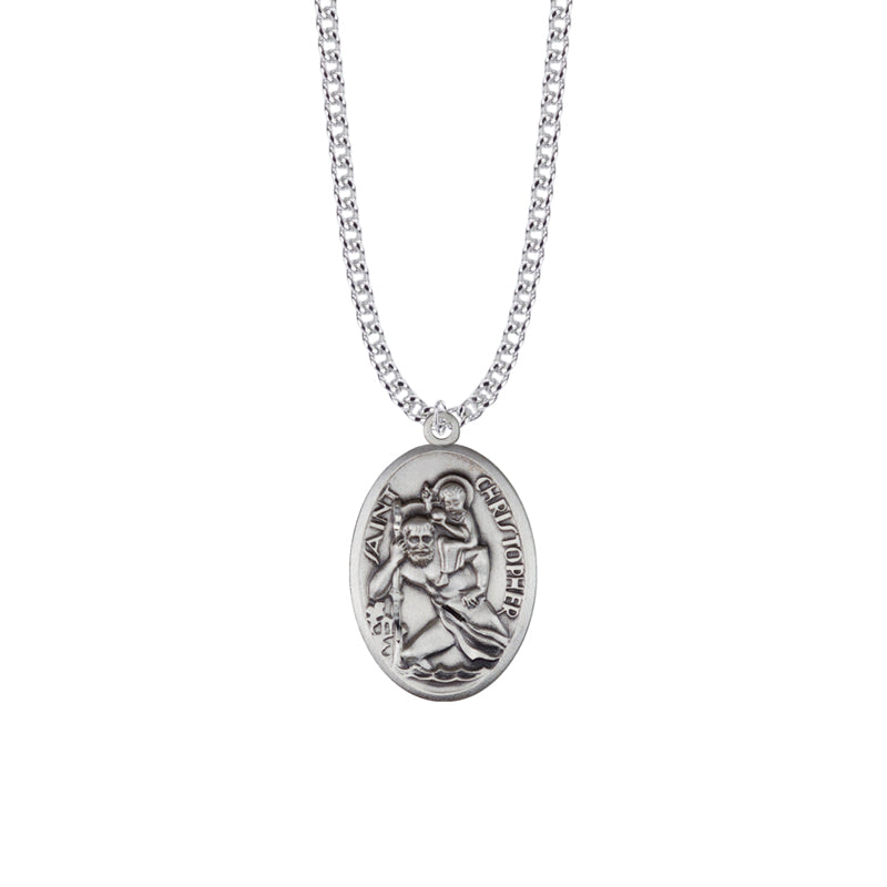 1-5/16 Inch Sterling Silver Oval St. Christopher Medal, Patron Saint of Travelers