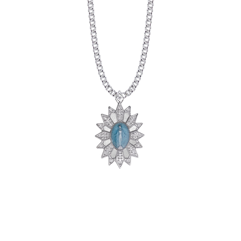 Sterling Silver Bright Silver Blue Enameled Starburst Filigree Miraculous Medal