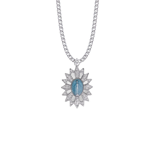 Sterling Silver Bright Silver Blue Enameled Starburst Filigree Miraculous Medal