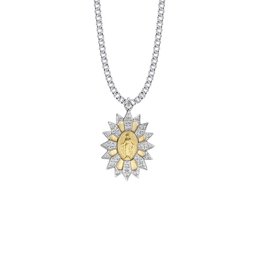 Sterling Silver Bright Silver with Gold Plated Accents and Center Starburst Filigree Miraculous Medal