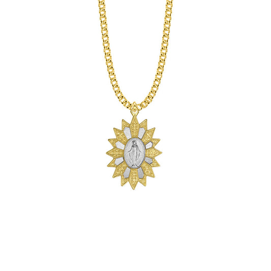 Gold Plated Over Sterling Silver Two-Tone Bright Gold Starburst Filigree Miraculous Medal