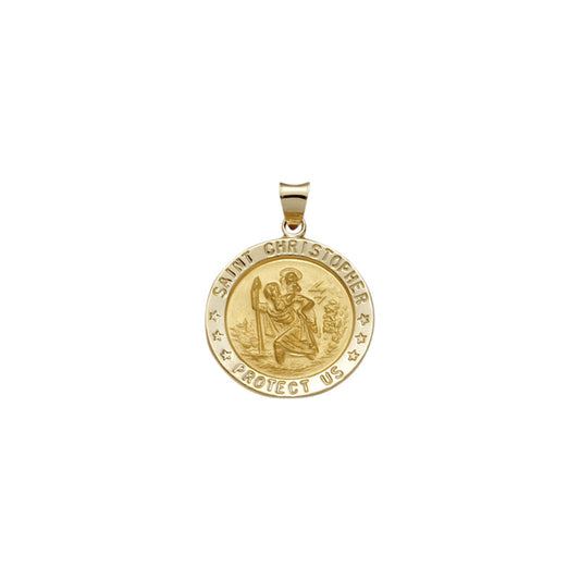 Gold Hollow Round St. Christopher Medal, Patron Saint of Travelers