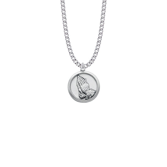 Round Sterling Silver Praying Hands Medal with Serenity Prayer