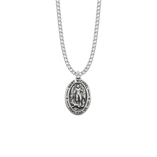 1-1/16 Inch Sterling Silver Oval St. Michael Medal, Patron Saint of Police Officers