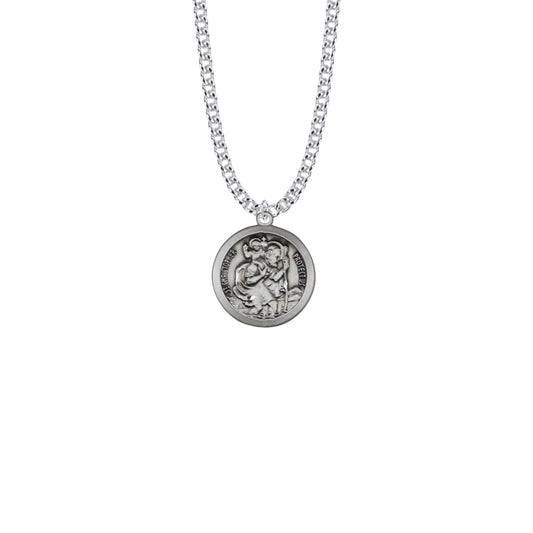 7/8 Sterling Silver Round Antiqued St. Christopher Medal, Patron Saint of Travelers