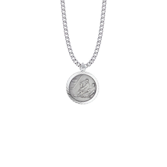 Round Sterling Silver Boy's Ice Hockey Player Medal with St. Christopher on Back