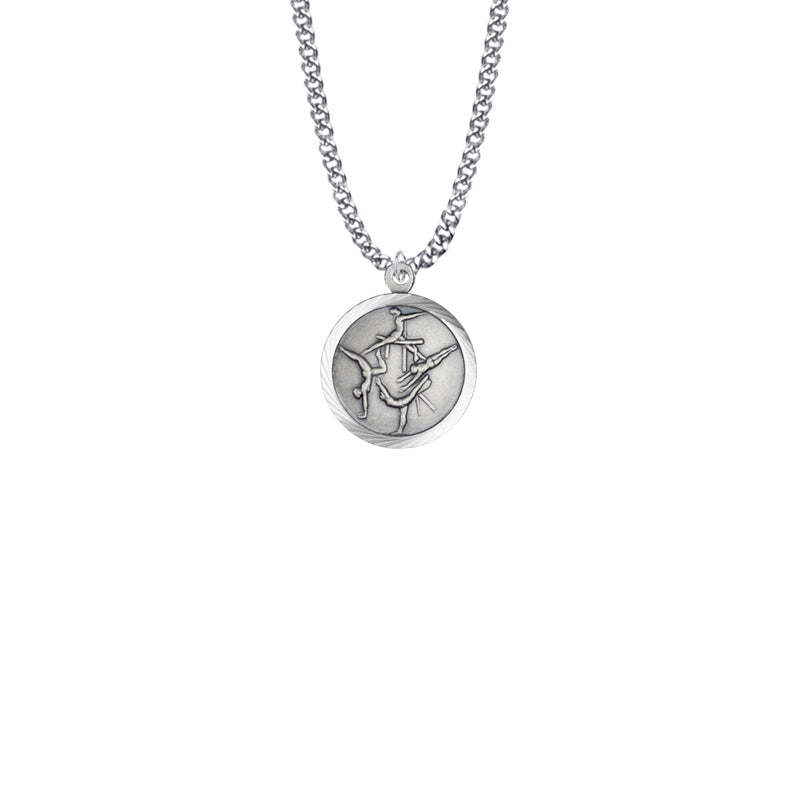 Round Sterling Silver Girl's Gymnastics Medal with St. Christopher on Back
