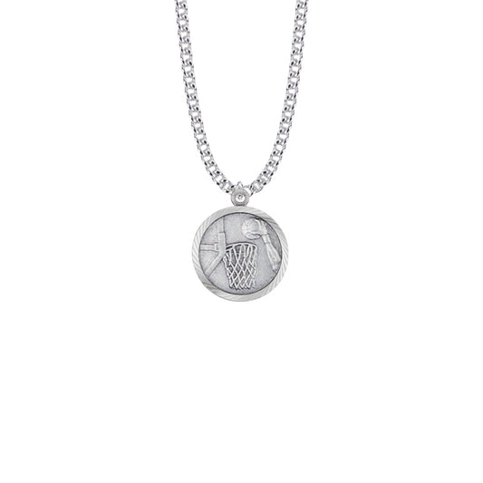 Round Sterling Silver Boy's Basketball Player Medal with Cross on Back