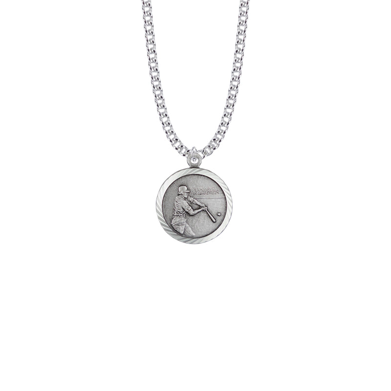 Round Sterling Silver Boy's Baseball Player Medal with Cross on Back