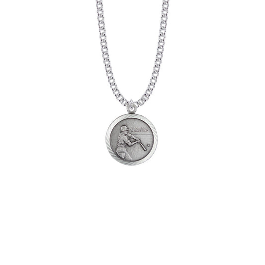 Round Sterling Silver Boy's Baseball Player Medal with Cross on Back