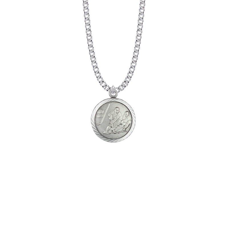 Round Sterling Silver Boy's Ice Hockey Player Medal with Cross on Back