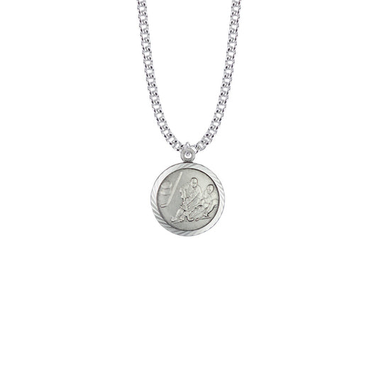 Round Sterling Silver Boy's Ice Hockey Player Medal with Cross on Back