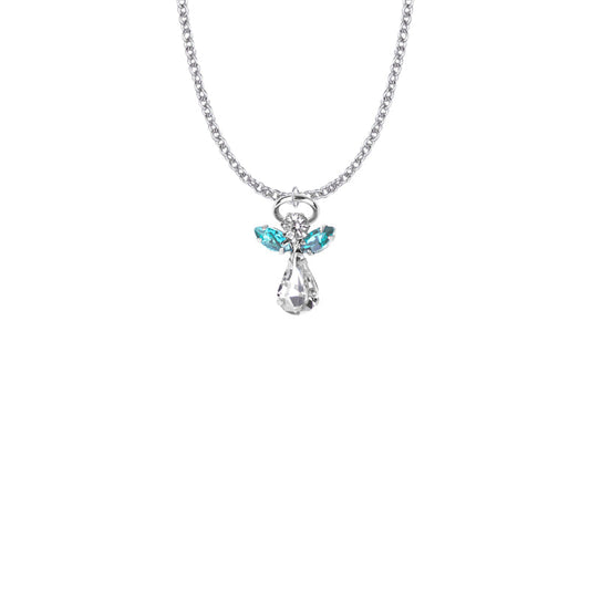Silver Plated Glass Crystal March Aquamarine Birthstone Angel Necklace