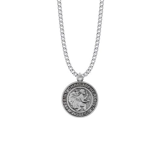 1-1/16 Inch Pewter Large Round Saint Christopher Medal, Patron Saint of Travelers