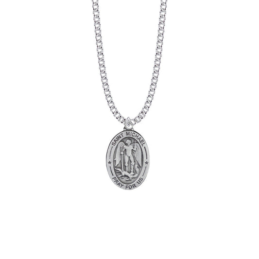 1-1/16 Inch Pewter Large Oval Saint Michael Medal, Patron Saint of Police