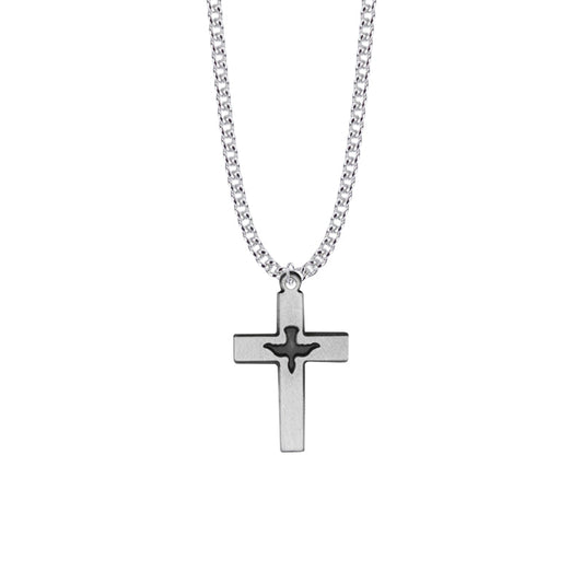 Pewter Pierced Descending Dove Boy Confirmation Cross Necklace