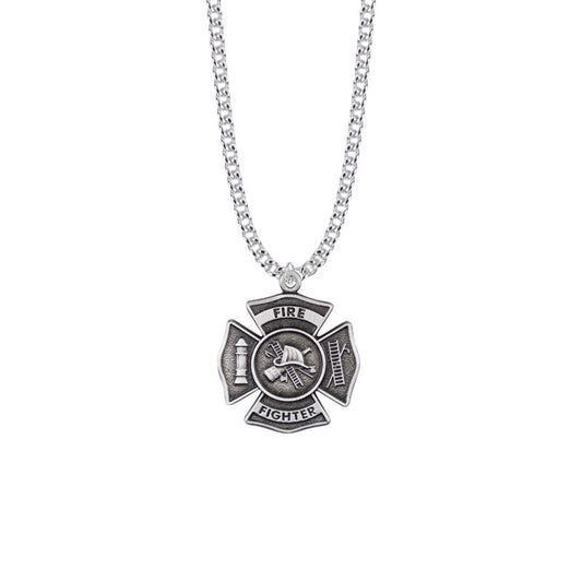 Pewter Firefighter Shield Medal with Cross and Philippians 3:14 on the Back