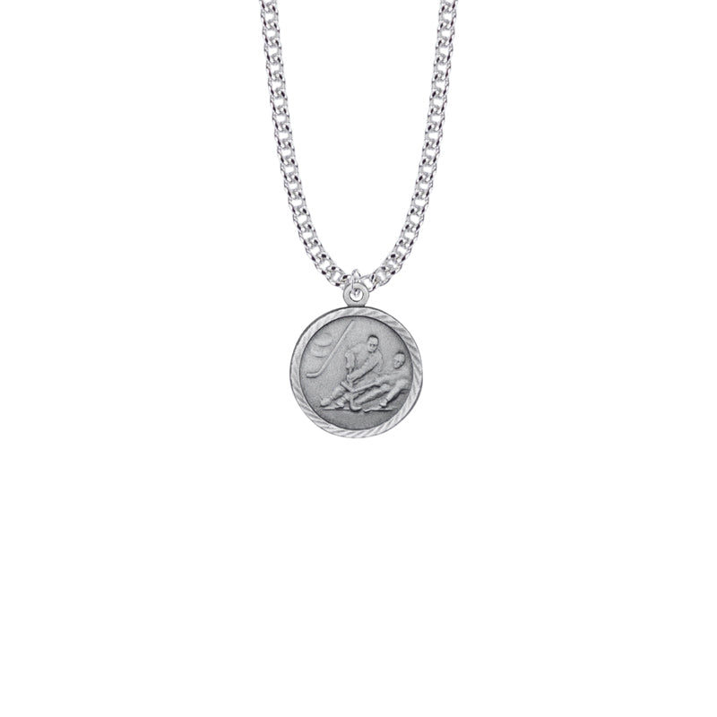 Pewter Round Boys Ice Hockey Medal with Cross on Back