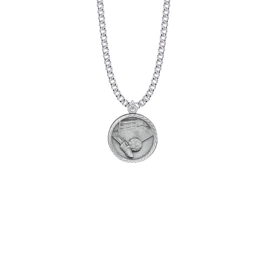 Pewter Round Soccer Medal with Cross on Back