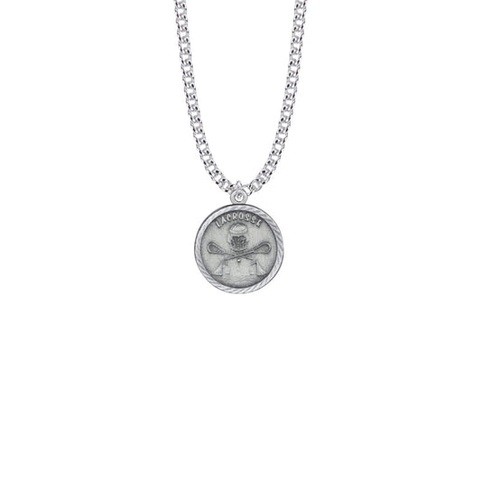 Pewter Round Lacrosse Medal with Cross on Back