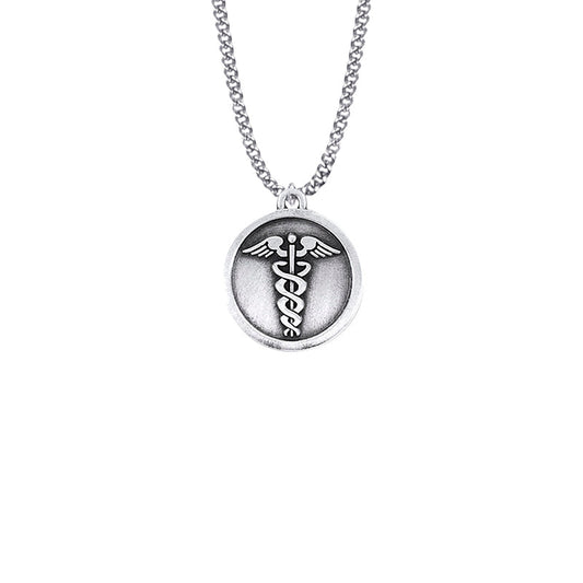 Round Pewter Medical Caduceus Medal with Cross on Back
