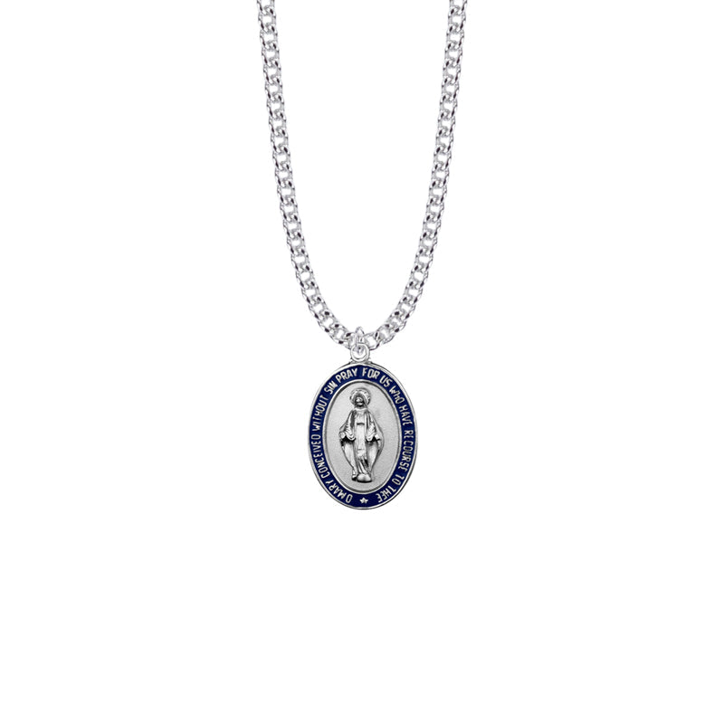 Sterling Silver Oval Blue Bordered Miraculous Medal