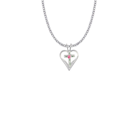 11/16 Inch Sterling Silver Enameled Filigree Cross and Heart Necklace