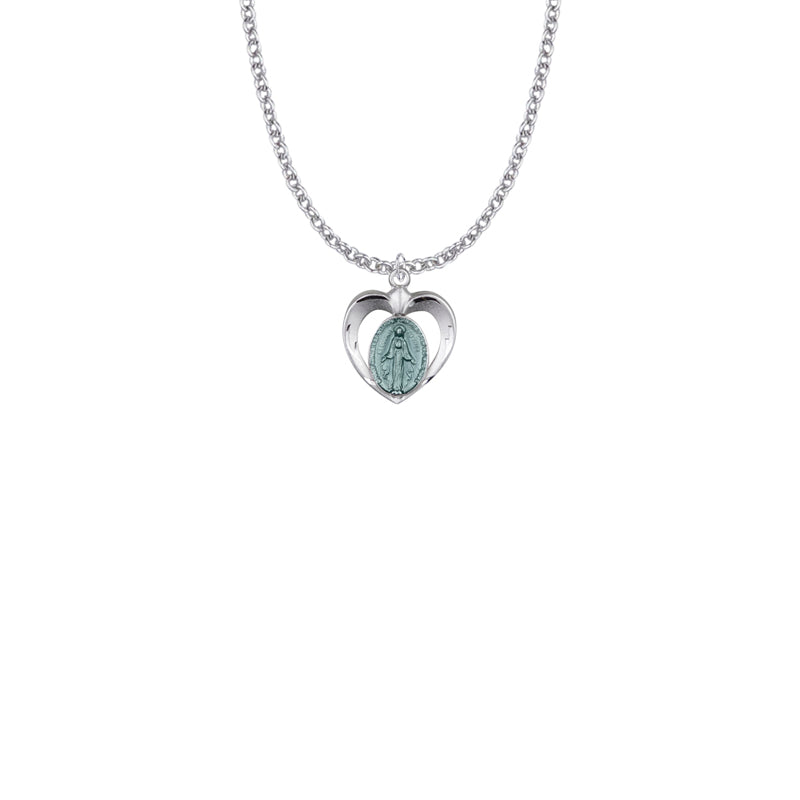 11/16 Inch Sterling Silver Blue Enameled Heart Miraculous Medal