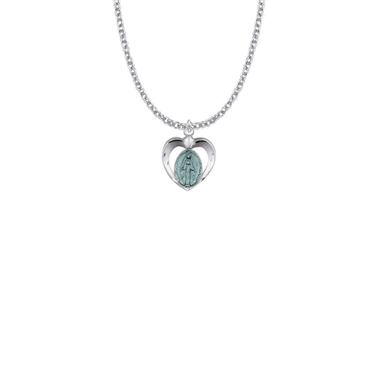 11/16 Inch Sterling Silver Blue Enameled Heart Miraculous Medal