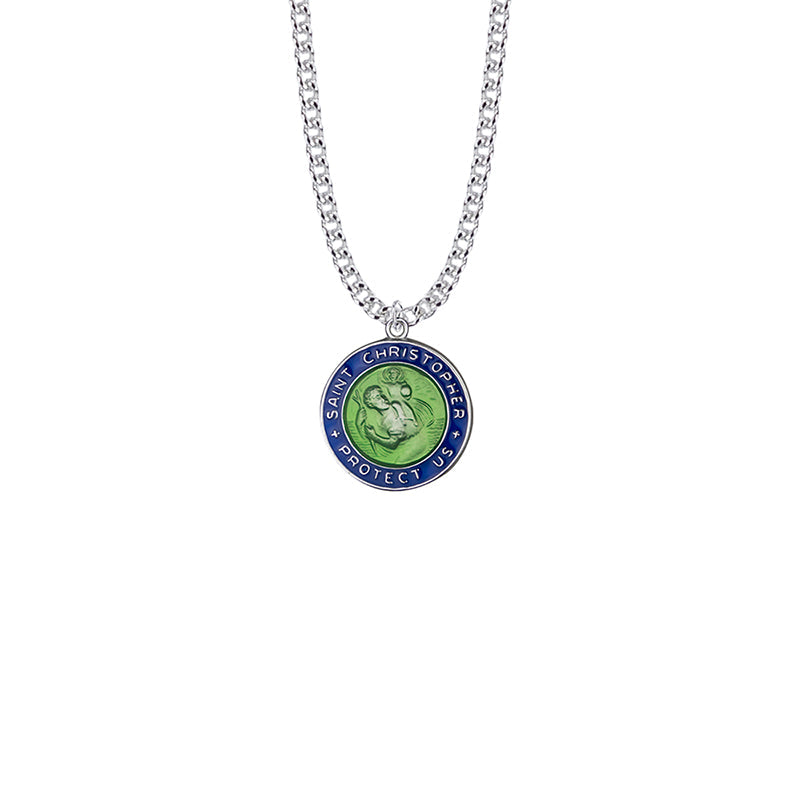 Sterling Silver Blue Enameled Round St. Christopher Medal, Patron Saint of Travelers