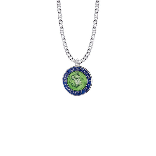 Sterling Silver Blue Enameled Round St. Christopher Medal, Patron Saint of Travelers