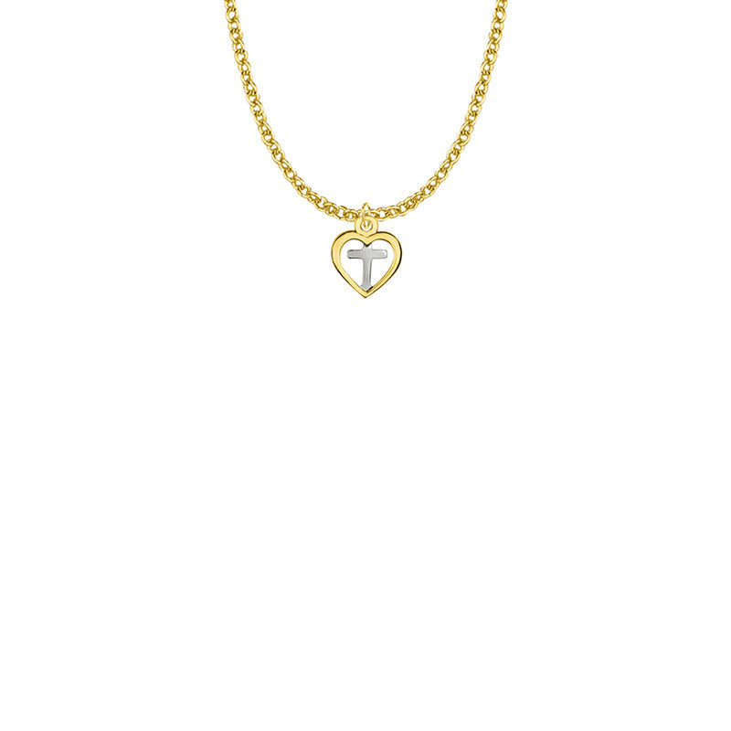 7/16 Inch Two-Tone Gold Plated Over Sterling Silver Cross and Open Heart Necklace