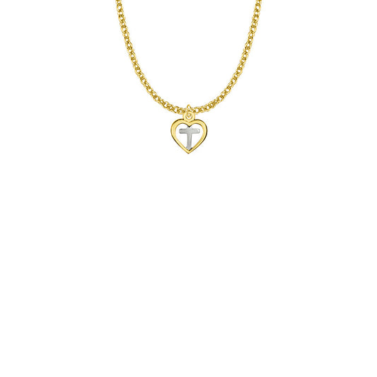 7/16 Inch Two-Tone Gold Plated Over Sterling Silver Cross and Open Heart Necklace