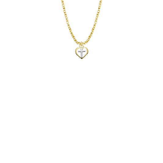 3/8 Inch Two-Tone Gold Plated Over Sterling Silver Heart with Cross Baby Necklace
