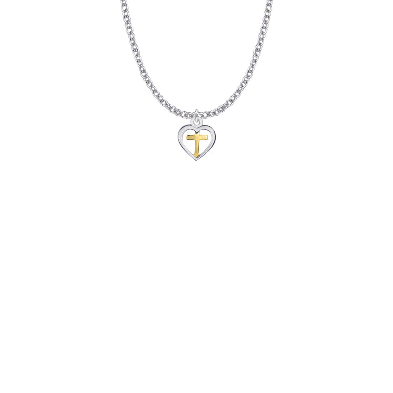 7/16 Inch Two-Tone Sterling Silver Cross and Open Heart Necklace
