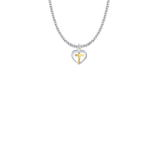 7/16 Inch Two-Tone Sterling Silver Cross and Open Heart Necklace