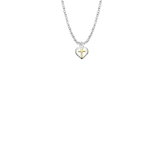 3/8 Inch Two-Tone Sterling Silver Heart with Cross Baby Necklace