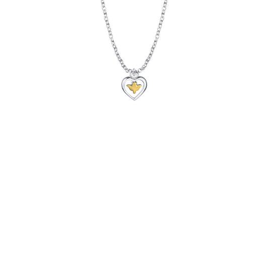 7/16 Inch Two-Tone Sterling Silver Dove and Open Heart Baby Necklace